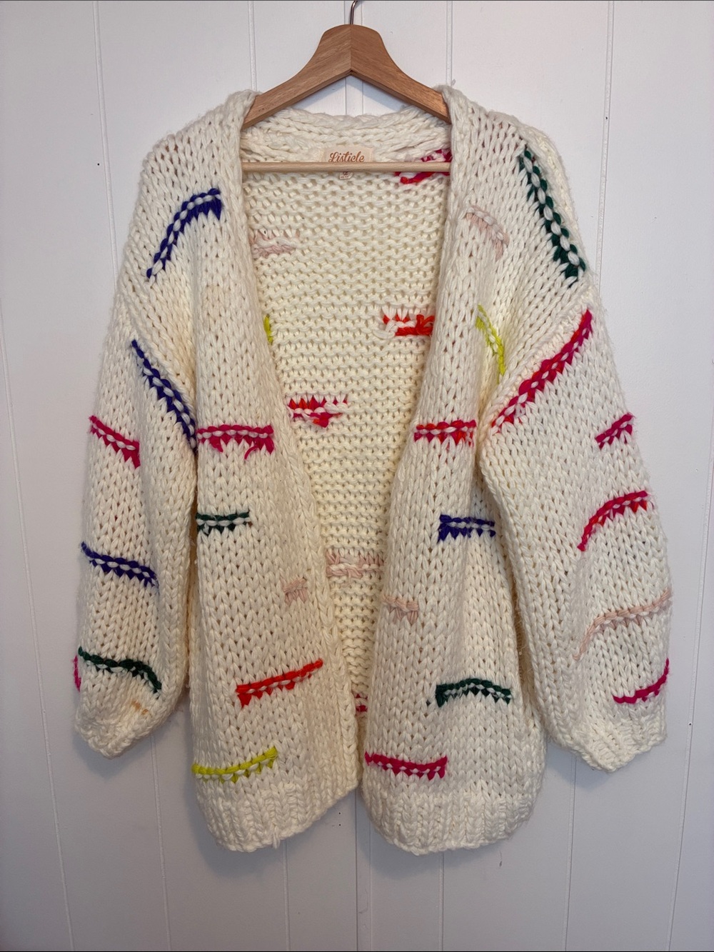Listicle Cream Chunky Open Cardigan with Multicolor Stitching